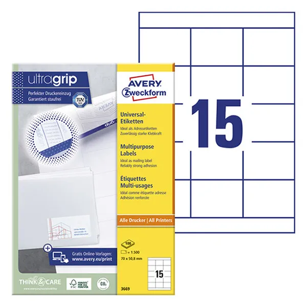 Avery Zweckform 3669 Etiquetas A4 70 x 50,8 mm — 15 por hoja | Pack 100 hojas