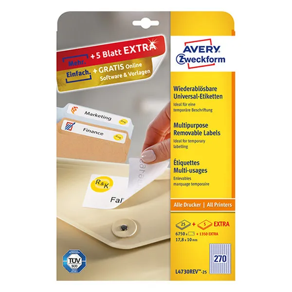 Avery Zweckform L4730-25 Etiquetas multifuncionales A4 17,8 x 10 mm — 270 por hoja | Pack 25 hojas