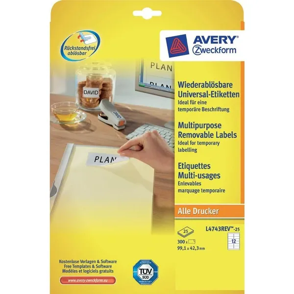 Avery Zweckform L4743-25 Etiquetas A4 97 x 42,3 mm — 12 por hoja | Pack 25 hojas