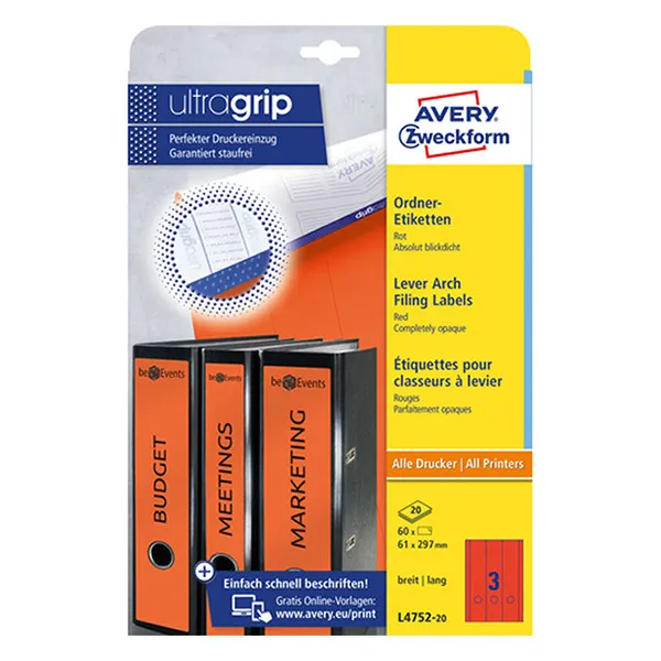 Avery Zweckform L4752-20 Etiquetas para lomo de carpeta 61 x 297 mm, color rojo (60 etiquetas)