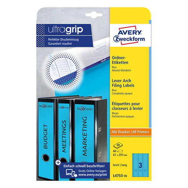 Avery Zweckform L4753-20 Etiquetas para lomo de carpeta 61 x 297 mm, color azul (60 etiquetas)