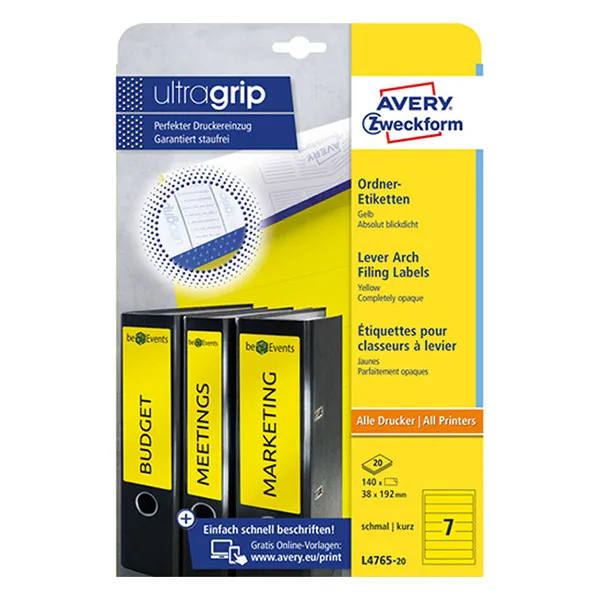 Avery Zweckform L4765-20 Etiquetas para lomo de carpeta 192 x 38 mm, color amarillo (140 etiquetas)