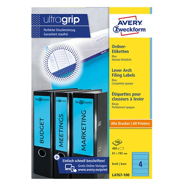 Avery Zweckform L4767-100 Etiquetas para lomo de carpeta 192 x 61 mm, color azul (400 etiquetas)