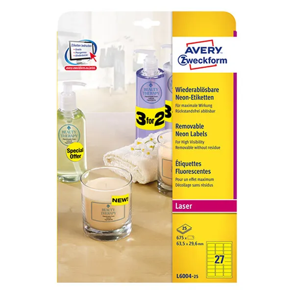 Avery Zweckform L6004-25 Etiquetas extraíbles neon A4 63,5 x 29,6 mm amarillas (675 etiquetas)