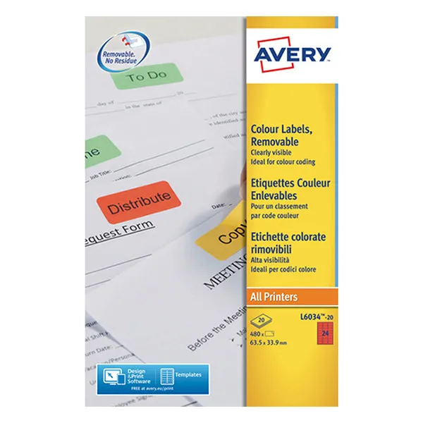 Avery Zweckform L6034-20 Etiquetas extraíbles A4 63,5 x 33,9 mm rojas (480 etiquetas)