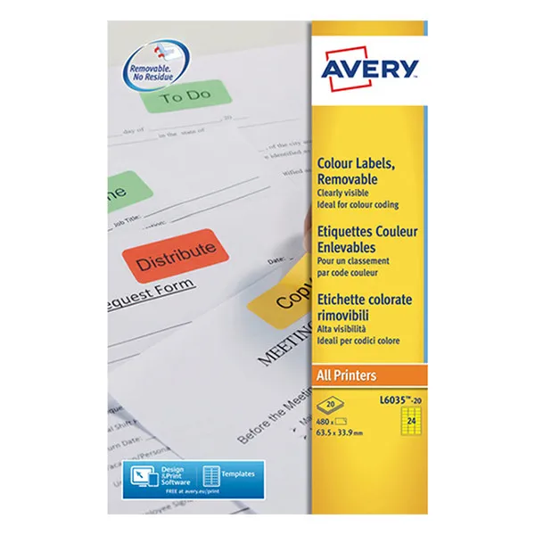 Avery Zweckform L6035-20 Etiquetas A4 63,5 x 33,9 mm amarillas (480 etiquetas)
