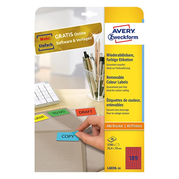 Avery Zweckform L6036-20 Etiquetas removibles A4 25,4 x 10 mm rojas (3780 etiquetas)