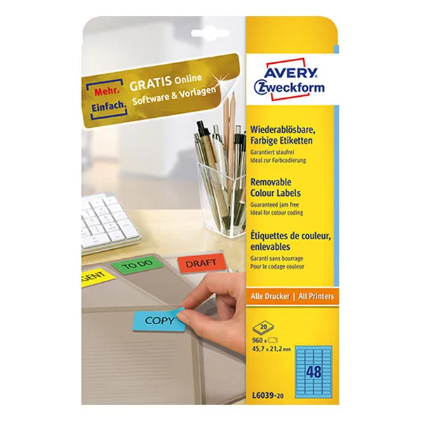 Avery Zweckform L6039-20 Etiquetas extraíbles A4 45,7 x 21,2 mm azul (960 etiquetas)