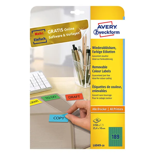 Avery Zweckform L6049-20 Etiquetas extraíbles A4 25,4 x 10 mm verdes (3780 etiquetas)
