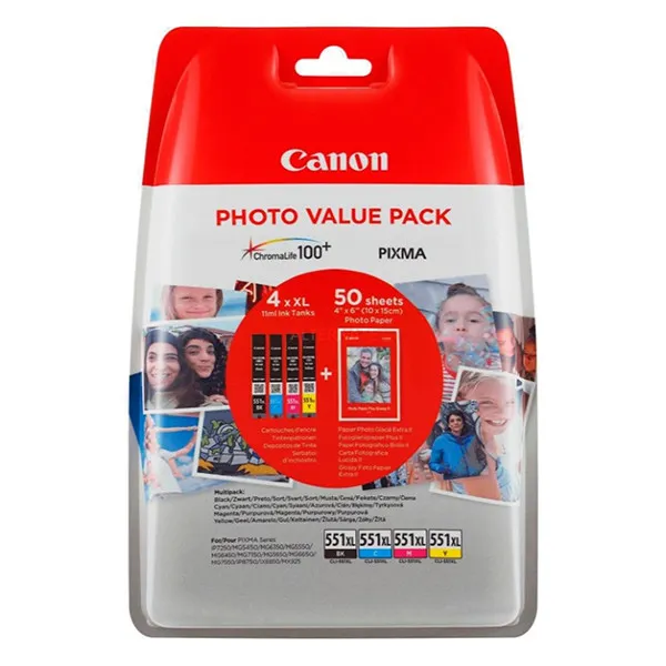 Canon CLI-551XL pack ahorro 4 colores + papel (original)