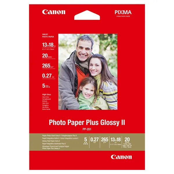 Canon PP-201 Papel foto Glossy Plus II | 265 gramos | 13 x 18 cm | 20 hojas