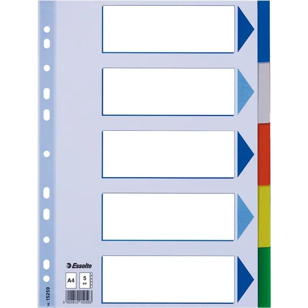 Esselte 15259 separadores de plástico de colores A4 con 5 pestañas (11 agujeros)