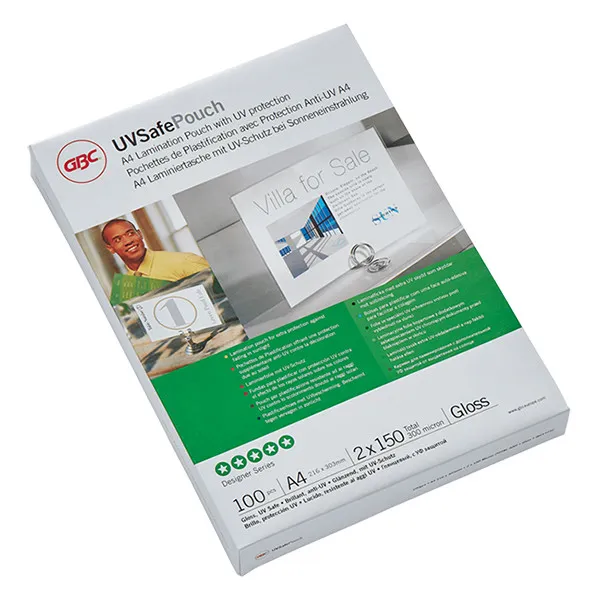 GBC fundas de laminacion | resistente a rayos UV | A4 | brillante | 2x150 micras | 100 unidades