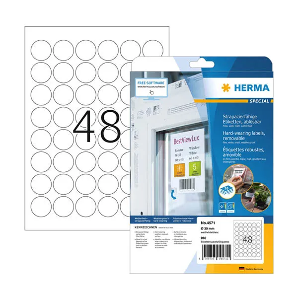 Herma 4571 Etiquetas adhesivas impermeables y extraíbles, A4, ø 30 mm, blancas (960 etiquetas)