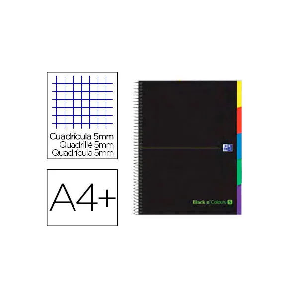 Oxford Cuaderno Espiral Folio Black'n Colors (100H) (Cuadricula 5mm) Tapa Extradura - Negro