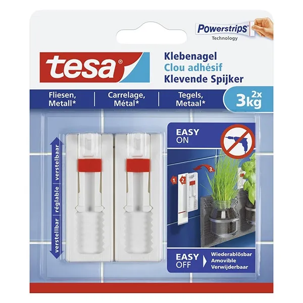 Tesa clavo adhesivo ajustable para azulejos y metal 3 kg (2 unidades)