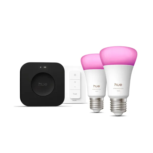Philips Hue White & Color Ambiance Kit De Inicio: 2 Bombillas Inteligentes E27 + Regulador De Intensidad + Hue Bridge Pro