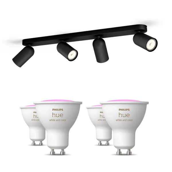 Philips Pack: X4 Focos Philips Pongee (negro) + 4 Bombillas Hue Gu10 Rgb