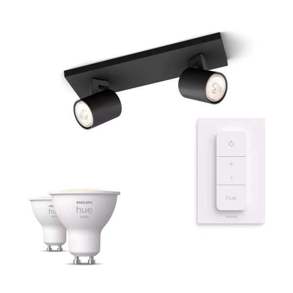 Philips Pack: X2 Focos Philips Runner (negro) + 2 Bombillas Hue Gu10 Luz Blanca Cálida + Mando