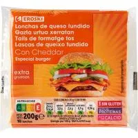 Queso fundido con cheddar EROSKI, lonchas, paquete 200 g