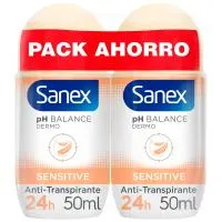 Desodorante sensitive SANEX, roll on, pack 2x50 ml