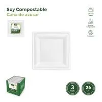 Plato cuadrado blanco de caña de azúcar biodegradable, 26x26cm HONEST GREEN, 3 uds