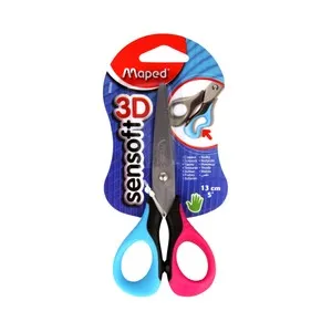 Tijera escolar con hojas de 13 cm, ergonomia 3D y mangos flexibles MAPED Sensoft 3D.