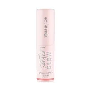 ESSENCE Satin glow tono 02 Blushin it, nude rosado Barra de labios cremosa, acabado luminoso.