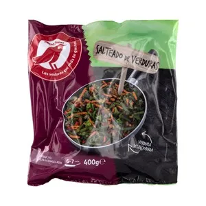 AUCHAN Salteado de verduras seleccionadas (judía verde fina, cebolla, pimiento rojo, brócoli y champiñón) 400 g. Producto Alcampo