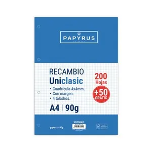 Recambio de 200+50 hojas tamaño A4, 4 taladros, 90gr, rayado cuadrícula 4x4 con margen, UNIPAPEL.