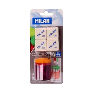 Sacapuntas con depósito y 2 agujeros + 4 gomas de borrar rectangulares color blanco MILAN.