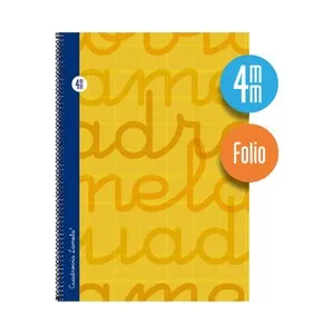 Cuaderno de espiral tamaño cuarto con 80 hojas de cuadrovía 4mm. Cubierta extra dura color amarillo. EDITORIAL LAMELA.