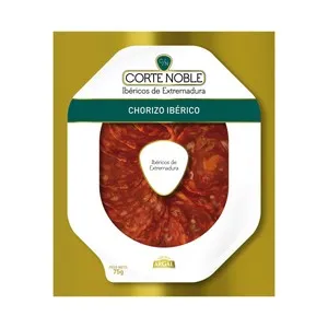 CORTE NOBLE Chorizo ibérico de Extremadura, cortado en lonchas CORTE NOBLE de Argal 75 g.