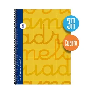 Cuaderno de espiral tamaño cuarto con 80 hojas de cuadrovía 3mm. Cubierta extra dura color amarillo. EDITORIAL LAMELA.