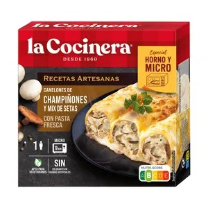 LA COCINERA Canelones de pasta fresca, rellenos de champiñones y mix de setas, especiales para horno y microondas Recetas artesanas 280 g.