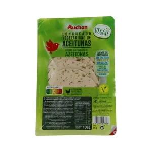 AUCHAN Loncheado vegetariano a base de clara de huevo con aceitunas Veggie 100 g. Producto Alcampo