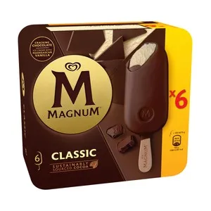 MAGNUM Classic de frigo helado de vainilla recubierto de crujiente chocolate con leche 6 x 100 ml.