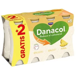 DANACOL de Danone Leche fermentada desnatada con edulcorantes, esteroles vegetales añadidos y piña 8 x 100 g.