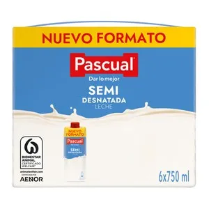 PASCUAL Leche semidesnatada de vaca con certificado de bienestar animal 6 x 750 ml.