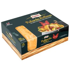 Pularda deshuesada rellena con jamón serrano Selecta (cerdos alimentados con castañas), queso curado y mango, lista para hornear.