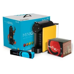 Pack de cafetera de cápsulas + 50 cápsulas de café DELTA Q MiniQOOL amarillo, automática, multibebidas, recipiente para cápsulas.