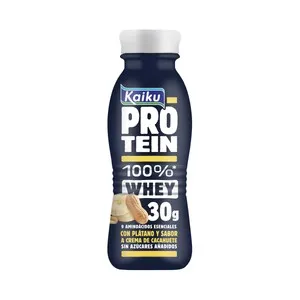 KAIKU Protein Leche fermentada con proteínas (100% whey) y plátano, sabor crema cacahuete 330 ml.