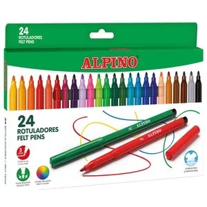 24 rotuladores con cuerpo y punta gruesa, grosor 3mm, tinta superlavable y de varios colores ALPINO.