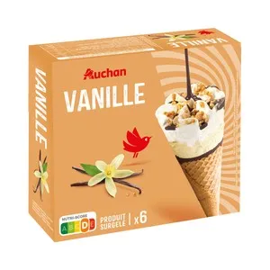 AUCHAN Conos de helado de vainilla con salsa de chocolate 6 x 120 ml. Producto Alcampo