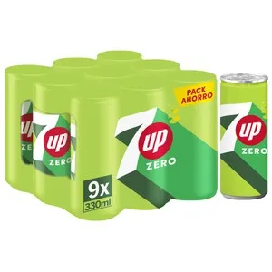 SEVEN UP Zero Refresco con sabor a lima-limón, sin azúcar pack 9 latas x 33 cl.