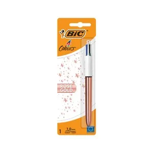 Pack bolígrafos 4 colores rose gold de punta media (1,0 mm) con tinta negra, azul, roja y verde, todo en uno, BIC.