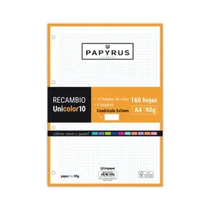 Recambio de 160 hojas tamaño A4, 4 taladros, 90gr, rayado cuadrícula 5x5 con margen y banda de color, UNIPAPEL.