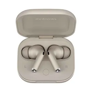 Auriculares bluetooth MOTOROLA Moto Buds+, con micrófono, estuche de carga, color beige.