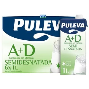 PULEVA Leche semidesnatada de vaca, enriquecida con vitaminas A y D y de origen 100% español 6 x 1l.