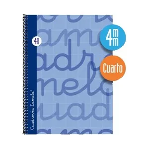 Cuaderno de espiral tamaño cuarto con 80 hojas de cuadrovía 4mm. Cubierta extra dura color azul. EDITORIAL LAMELA.